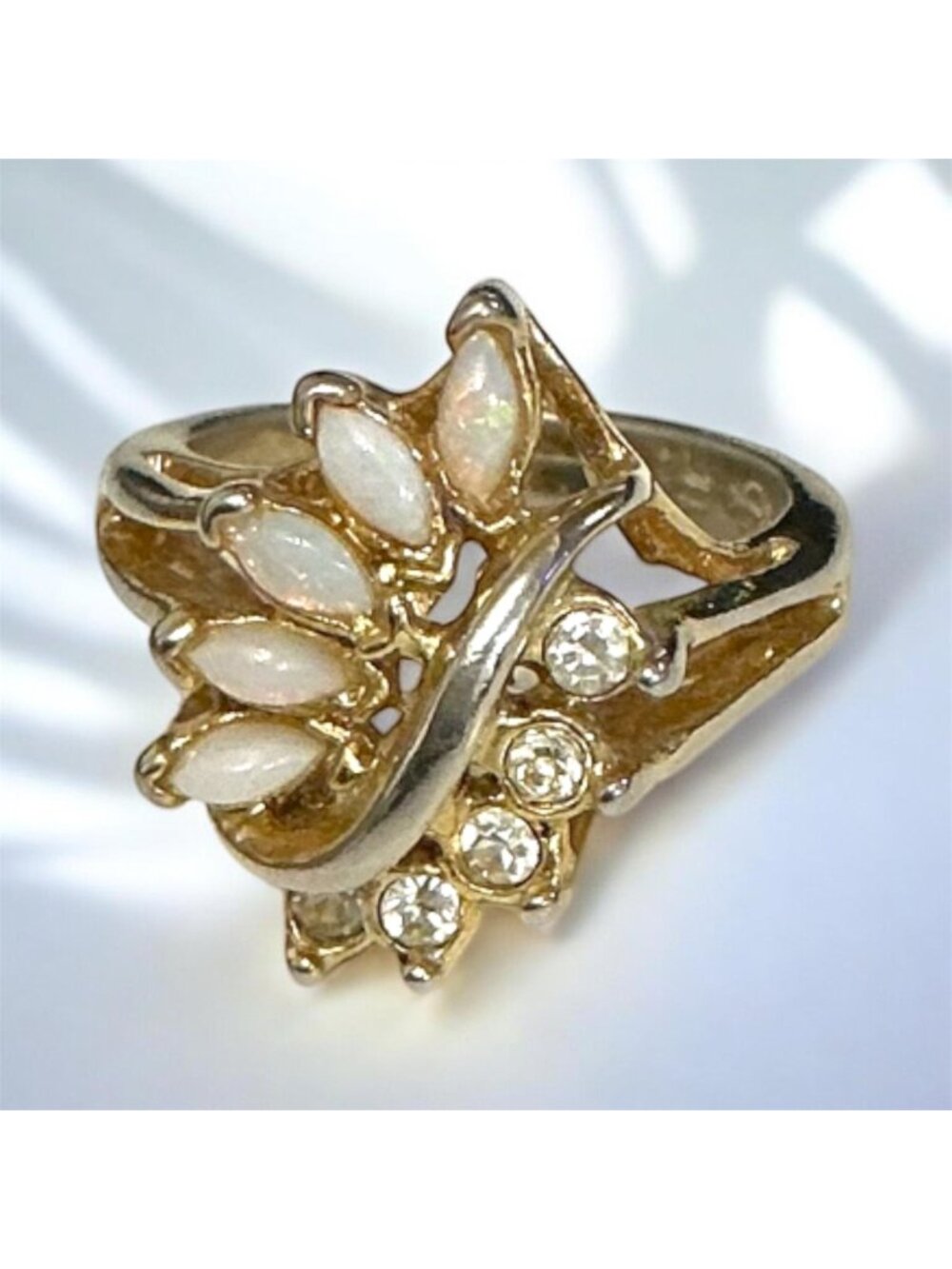 Faux Opal & Rhinestone Gold-Tone Statement Ring Size 4.75 Elegant Jewelry